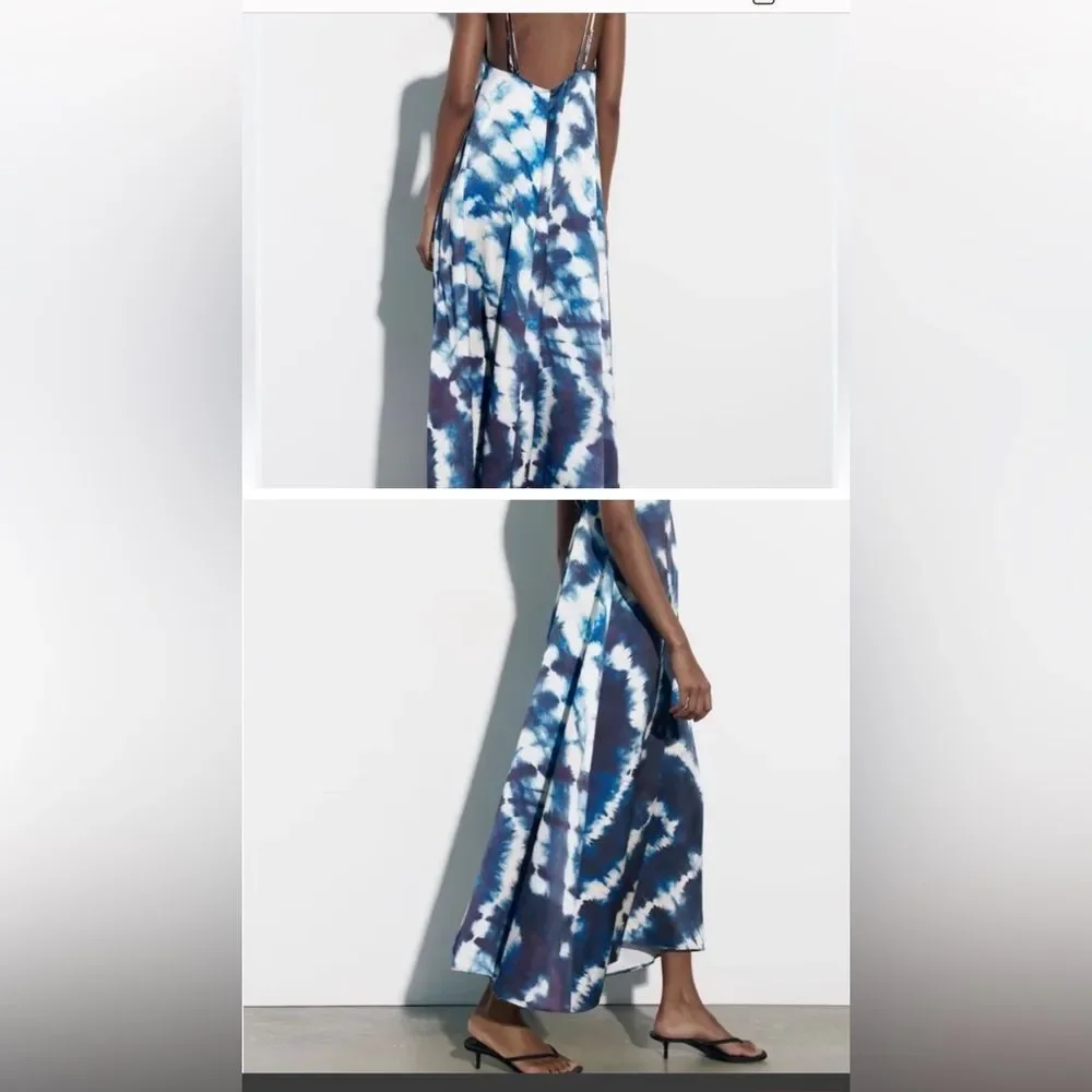 Zara Blue White Strappy V Neck Tie-Dye Satin Effect Boho Beachy Midi Dress M/L